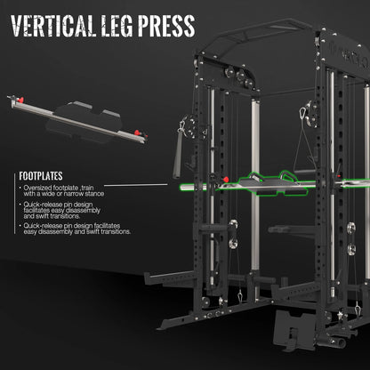 Smith Machine, All-In-One Power Rack Cage with Adjustable Cable Crossover, Vertical Leg Press and Smith Bar with 1500 Lbs Capacity Barbell Combo